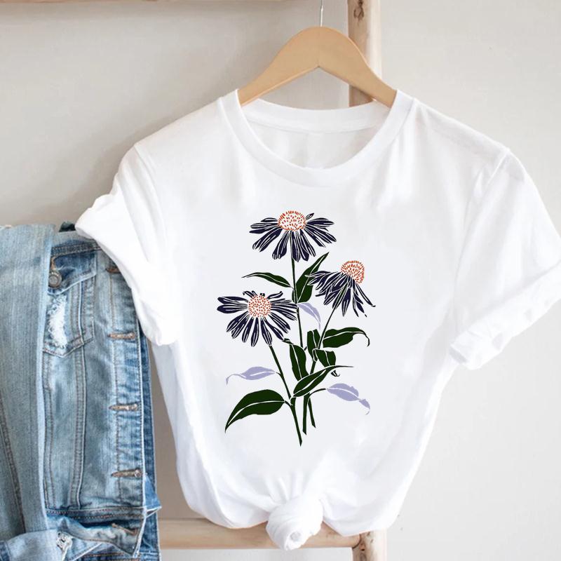 (European Size) 90s Flower Spring Short Sleeve Tee Top Fashion T-shirt Clothing  90s Casual Women Print Summer Lady Female Graphic T-shirt