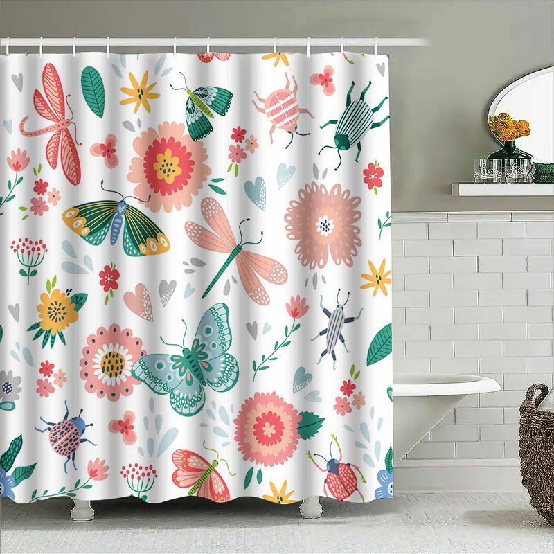 Colorful Garden Shower Curtain Bathroom Decor Featuring Butterflies Bugs Waterproof Fabric Hooks Included (White)