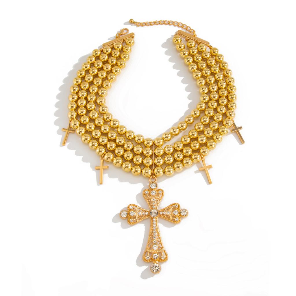 Cyberpunk Style Diamond-Encrusted Cross Necklace, Exaggerated Multi-Layer Ccb Round Beaded Beaded Necklace