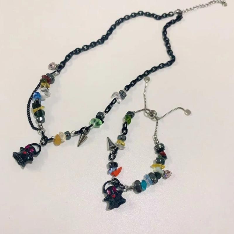 Adjustable Collarbone Chain Colorful Specter Pendant Necklace Stylish Beaded Bracelet Perfect for Fashion Enthusiasts