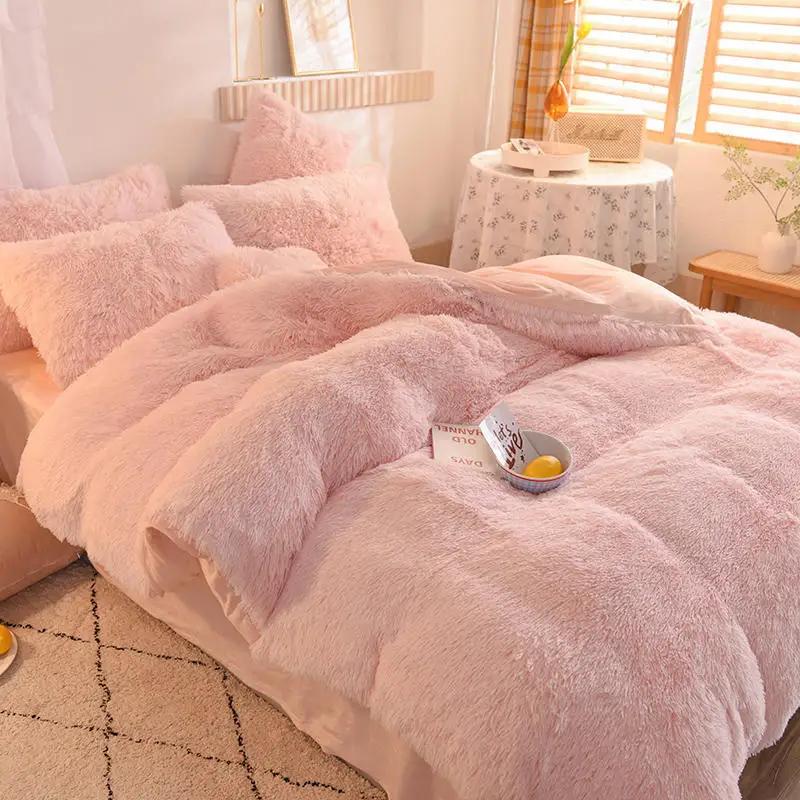 Luxury Winter Warm Long Plush Pink Bedding Set Queen Mink Velvet Double Duvet Cover Set with Fitted Sheet Warmth Quilt Covers