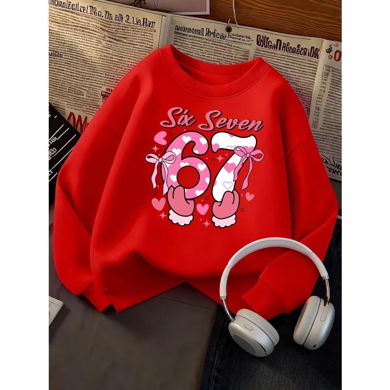 Kids Girls Crewneck Sweatshirt, Cute Pink Bow Heart Number 67 Six Seven Print Long Sleeve Pullover, Birthday Sweatshirt For Kids Over 4 Years Old