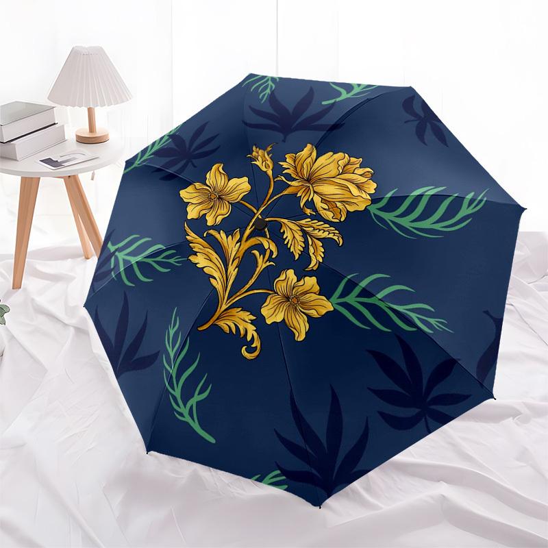 

1pc Golden Floral Pattern on Navy Background Umbrella with Plastic Handle,Compact & Stylish,Suitable for All Seasons ptys26037