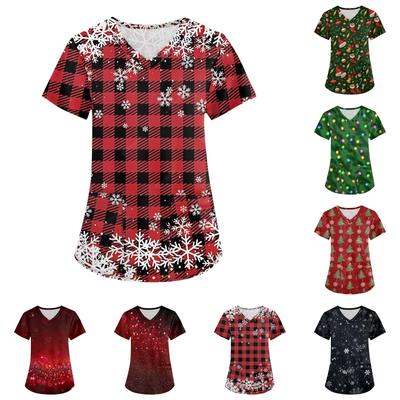 Plus Size Printed Scrub Working Uniform Tops For Women's Cross V Neck Christmas Print Short Sleeve Fun T-Shirts Workwear Tee With Pockets