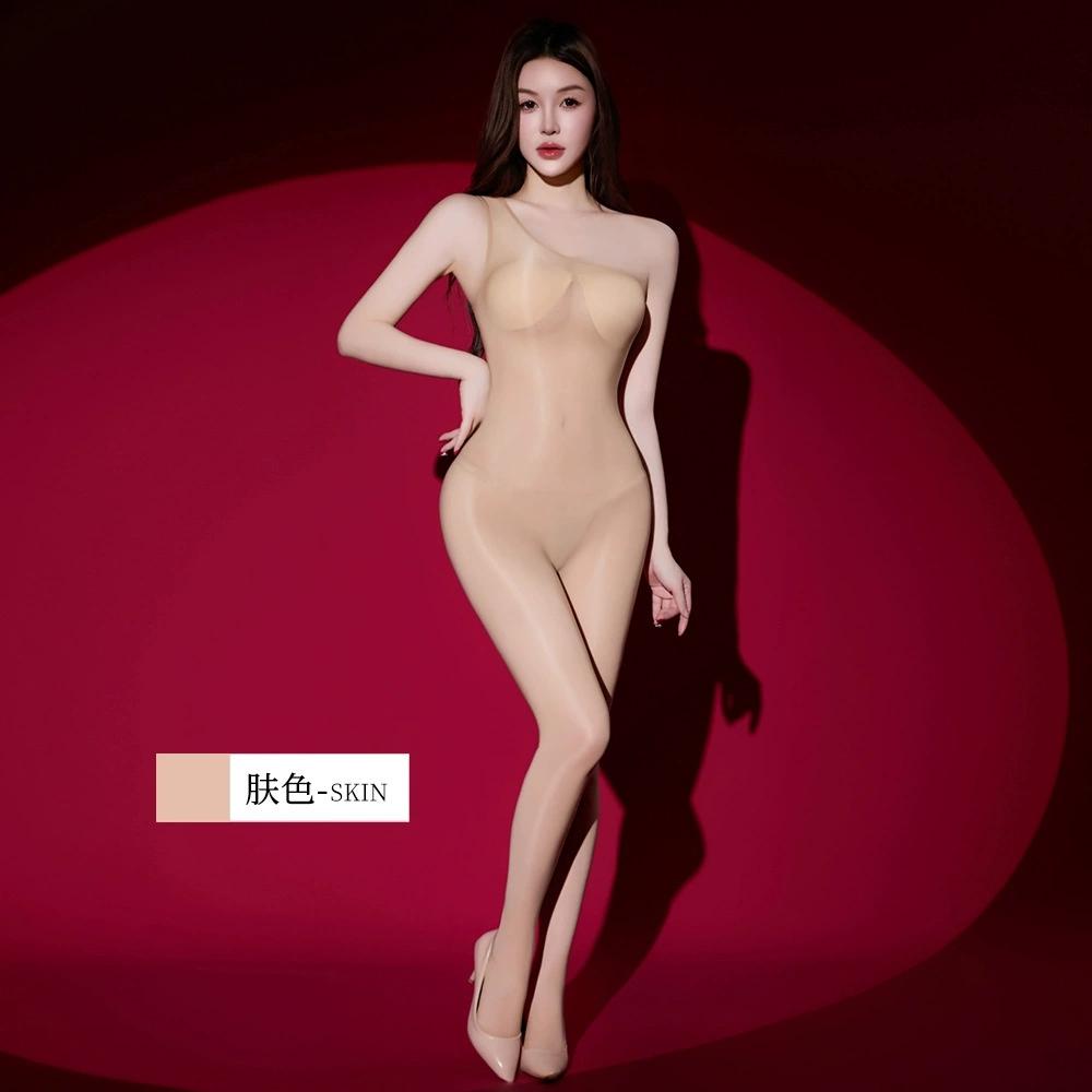 Fashion One-Shoulder Jumpsuit Oil Shiny Sheer Transparent Bodysuit Breast Seamless Tights Leotard Sexy Woman Shaping Bodysuit