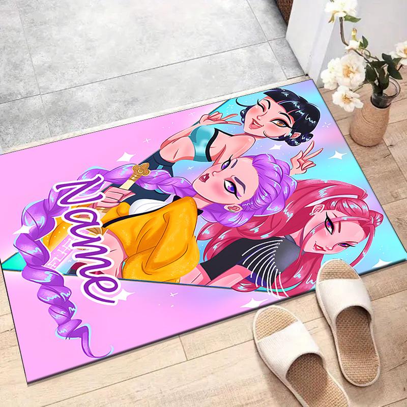 Custom KPop Demon Hunters Mat Personalized Name, Polyester Washable Indoor Entryway Rug, Gift for Christmas, Easter, Thanksgiving Day