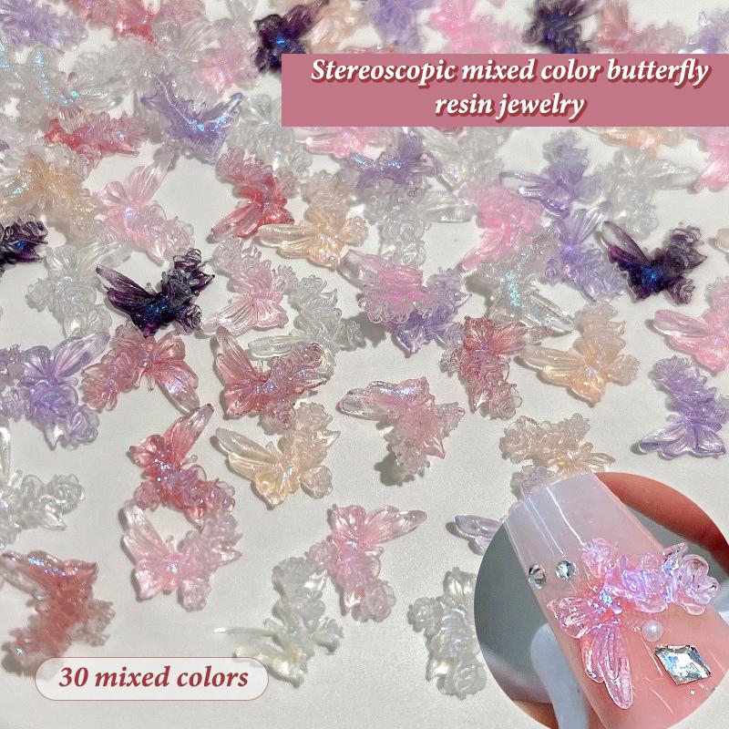 30Pcs Diy Nail Art Decor 3D Butterfly Flower Jewelry Nail Drill Aurora Resin Butterfly Glitter Rose Nail Diamond Manicure Design