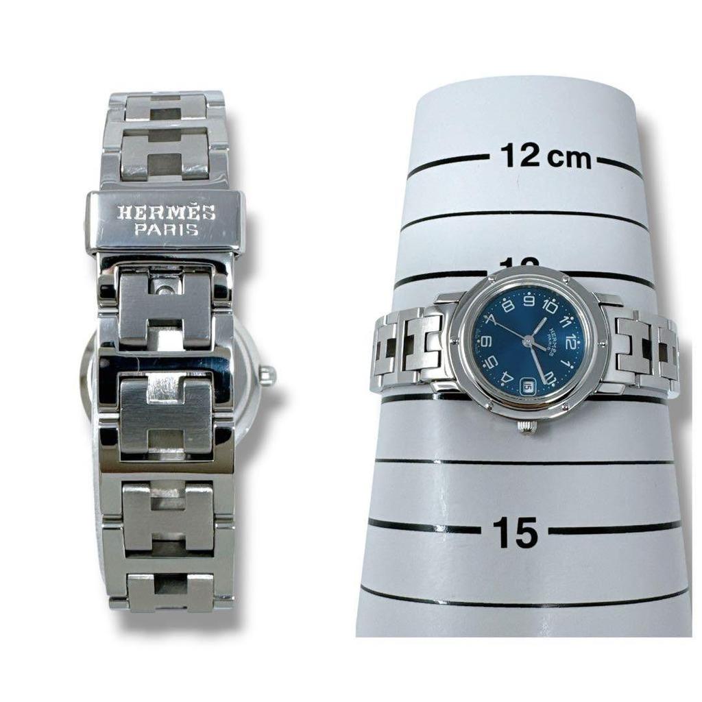 Used Hermes Clipper CL4.210 Navy Quartz Ladies Watch Good Condition HERMES D Buckle Date Brand Operation