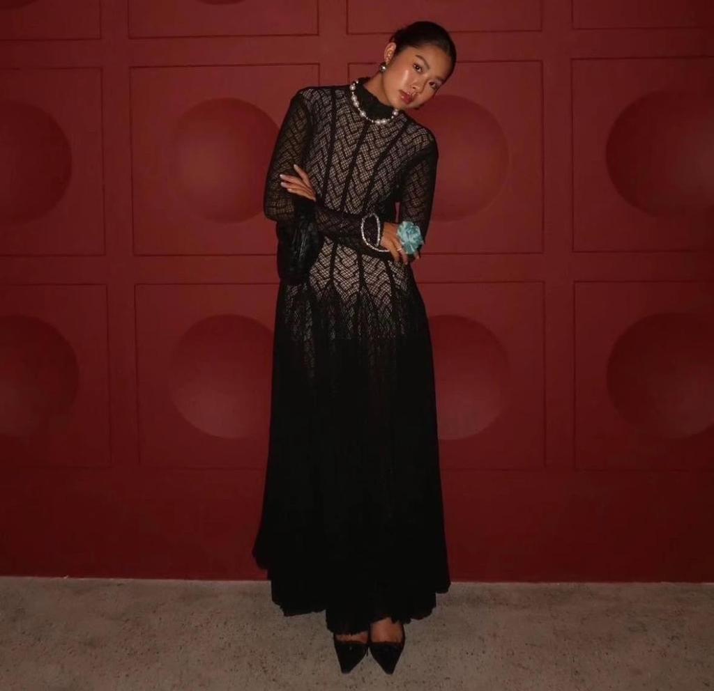 Spot - Spring and Summer Explosive Temperament Solid Color Stand-Up Neck Long Sleeve Lace Dress Umbrella Dress Long Dress