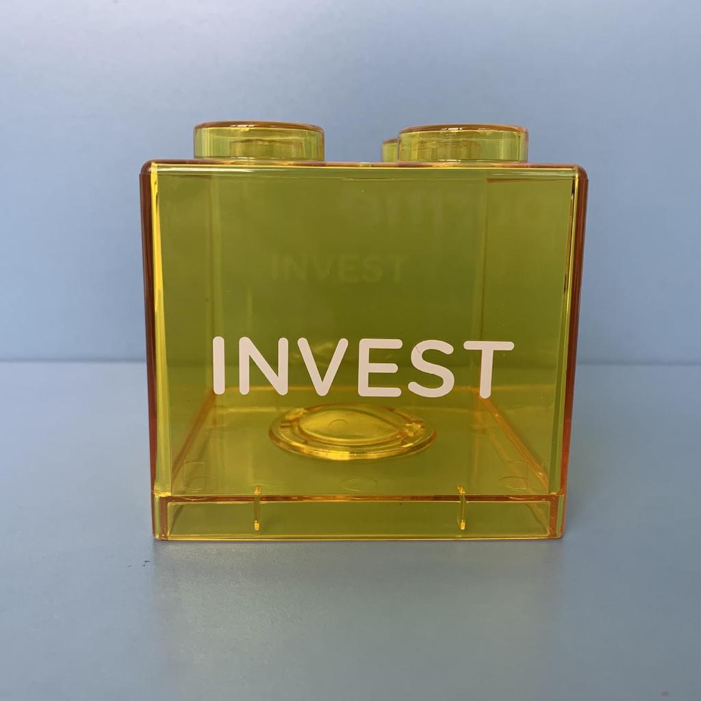 Available: Red, Yellow, Blue Building Block Piggy Bank - English Version, Transparent Money Coin Bank.