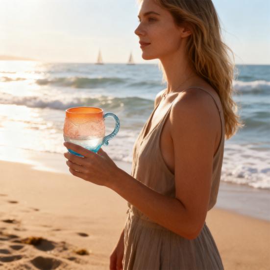 Yousheng Ocean Sunset Glass Mug Sea Inspired Coffee Cup with Wave Handle Gradient Colors Tea Cup for Hot Cold Drinks