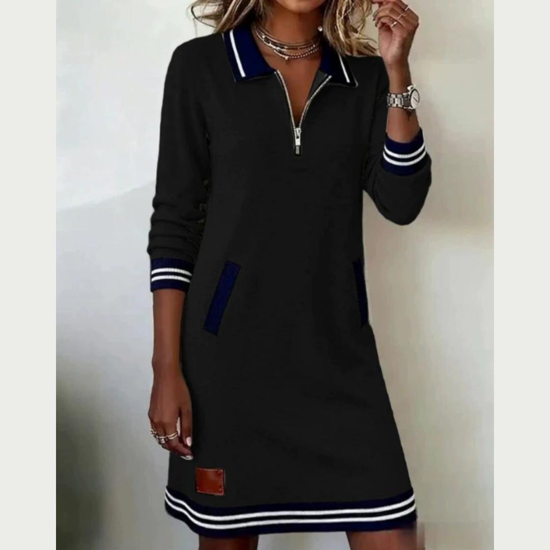

Жіноча мода Весна-Осінь Лацкан Блискавка Довгий рукав Кольорове поєднання Кишеня Сукня XXL чорний