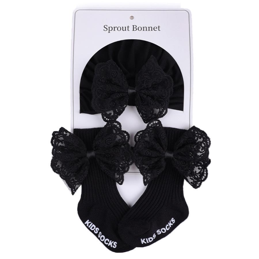 Pure Cotton Baby Girl Hat & Sock Set - Breathable Lace Trim with Bow, Perfect for Spring & Autumn. Super Cute!