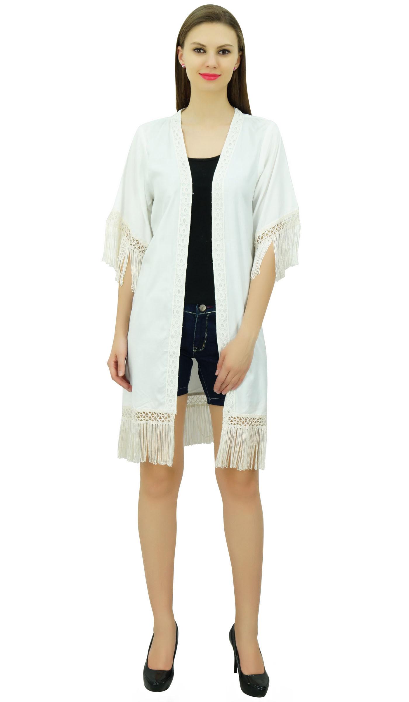 

Bimba Women Beach Rayon Cover-up Kimono Sleeve Tassel Shrug Large белый