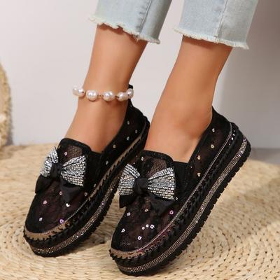 Sandalias de trabajo, zapato individual para mujer, suela gruesa, lazo de mariposa, mocasines de un solo pie, malla con pedrería, suela suave, zapatos casuales.