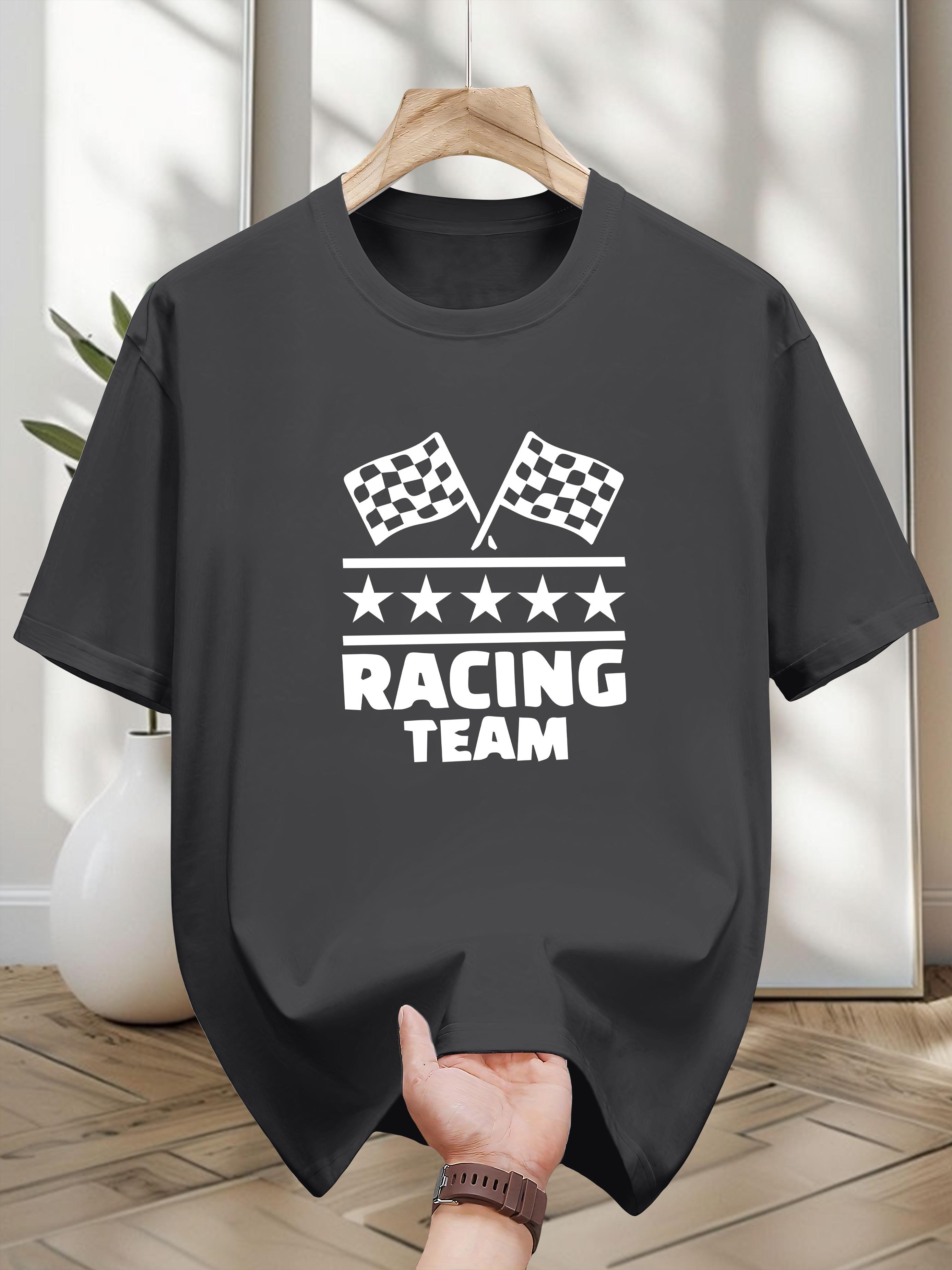 Racing Team Graphic T-shirt - 100% Cotton Casual Tee with Checkered Flag Design XXL