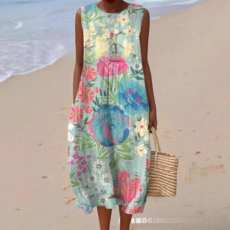 European and American New Summer Flower Ocean Printing European Size Round Neck Sleeveless Long Dress Creative Loose Dress