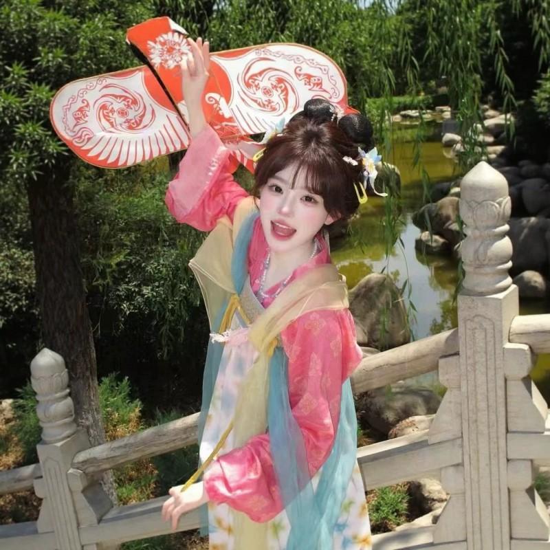 Womens Tang Dynasty Style Hanfu Set With Floral Jacquard Print Straight Sleeve Ruqun