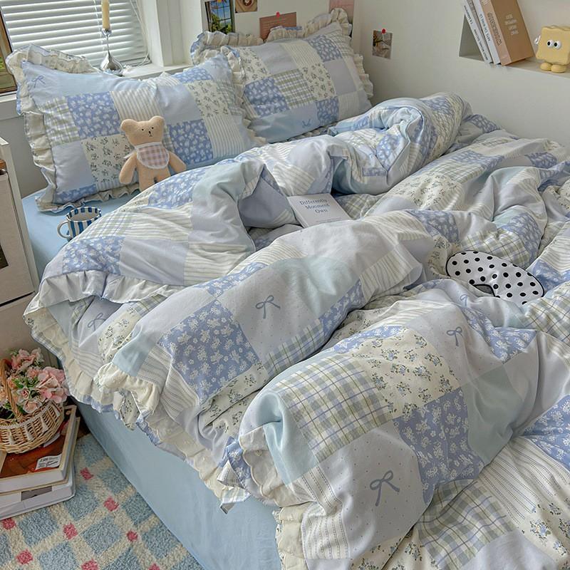 Washed Cotton Double Gauze Bedding Set Floral Ruffle Bed Sheets Bedroom