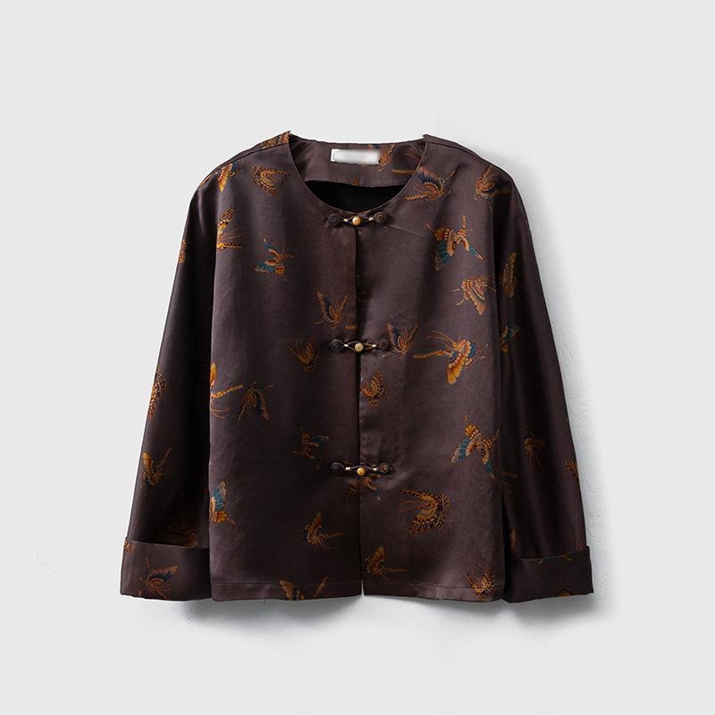 

Куртка из тутового шелка 50 момме с застежкой-лягушкой - С круглым вырезом Сянъюньша, длинным рукавом, свободного кроя L