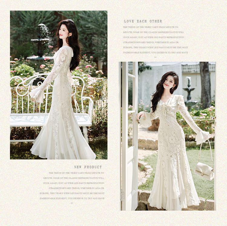 Women's V-Neck Lace Embroidered Mermaid Dress with Long Sleeves - French Gentle Style for Autumn