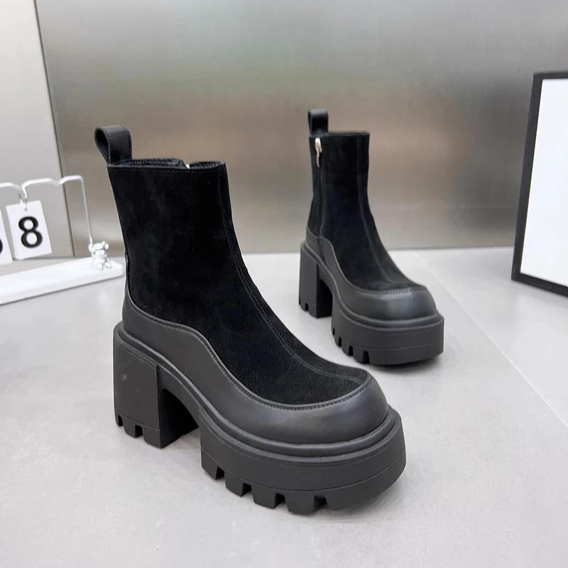 

Дизайнерские винтажные зимние женские ботильоны на платформе с высоким каблуком, модные короткие ботильоны с застежкой-молнией, дизайнерские ботинки Botas De Mujer 35 чёрный