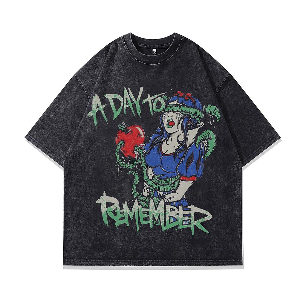 T-shirt Oversize à Manches Courtes Lavé Vieux Imprimé Crâne Tendance Sombre Marque Européenne Et Américaine Tee Mi-Manches Hommes Et Femmes