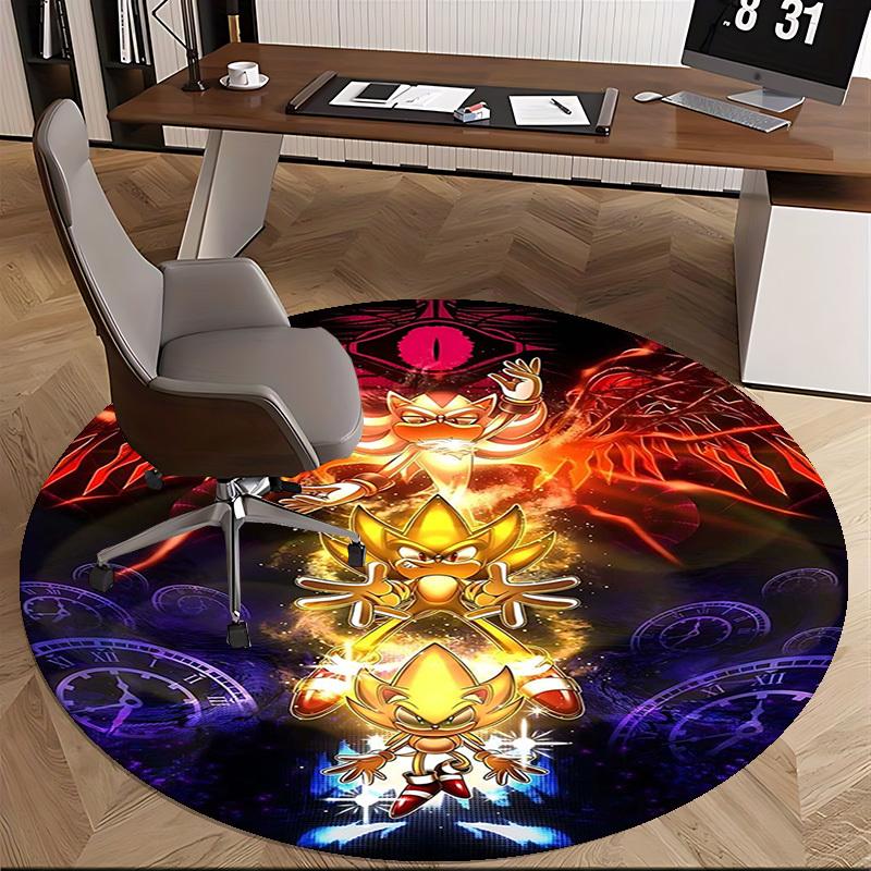 1 Stück Goldener Sonic the Hedgehog Anime Cartoon Design Runder Teppich für Bürostuhlmatte, Rutschfester Teppich, Heimdekoration, Wohnzimmer, Schlafzimmer