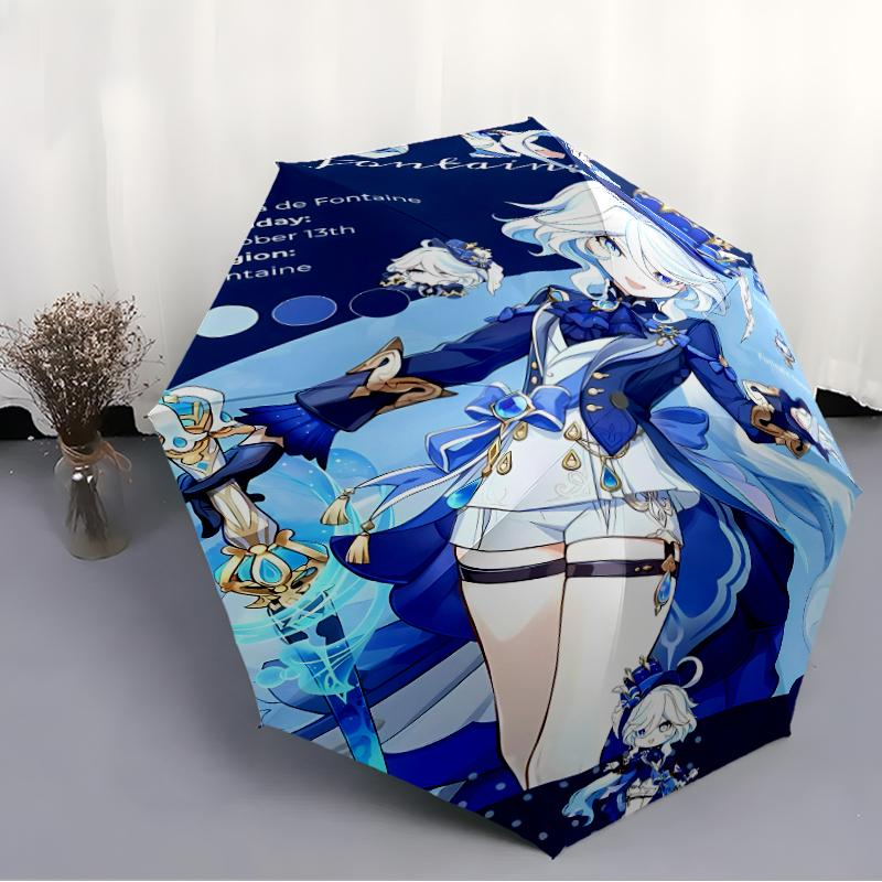 Genshin Impact Furina Print Automatic Umbrella, 8 Rib Iron Frame, Plastic Handle, Suitable for Outdoor Travel &Daily , Ideal Gift
