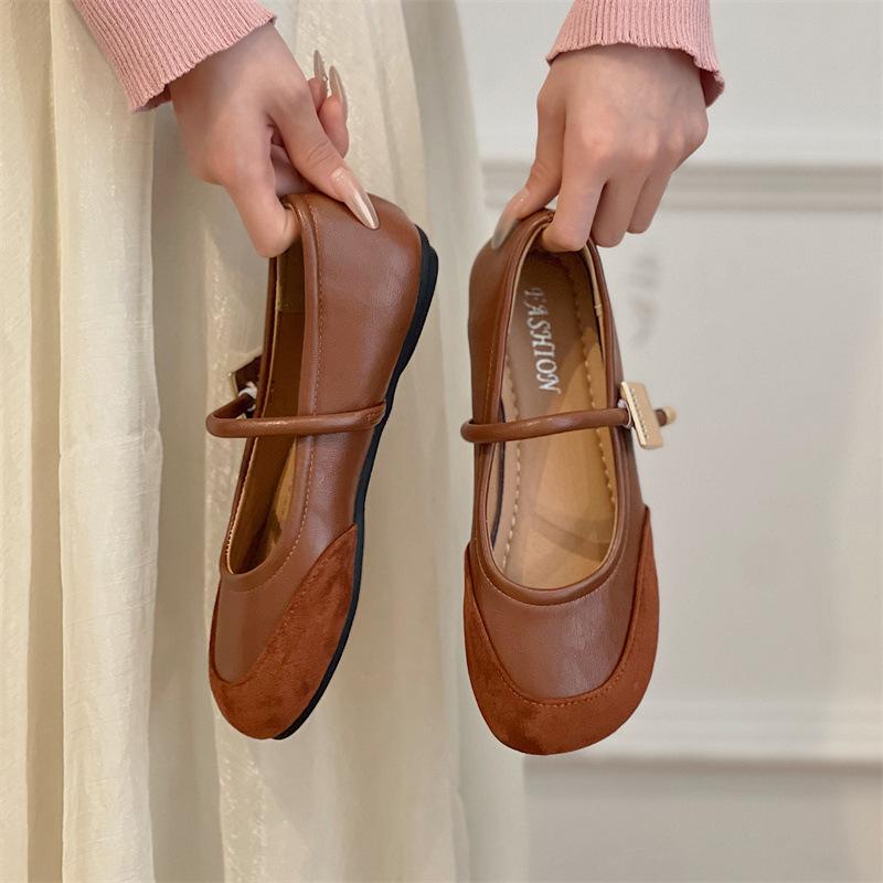 Soft Leather Retro Round Head Metal Buckle Women's Spring and Autumn New Ugly and Cute Small Leather Shoes Women