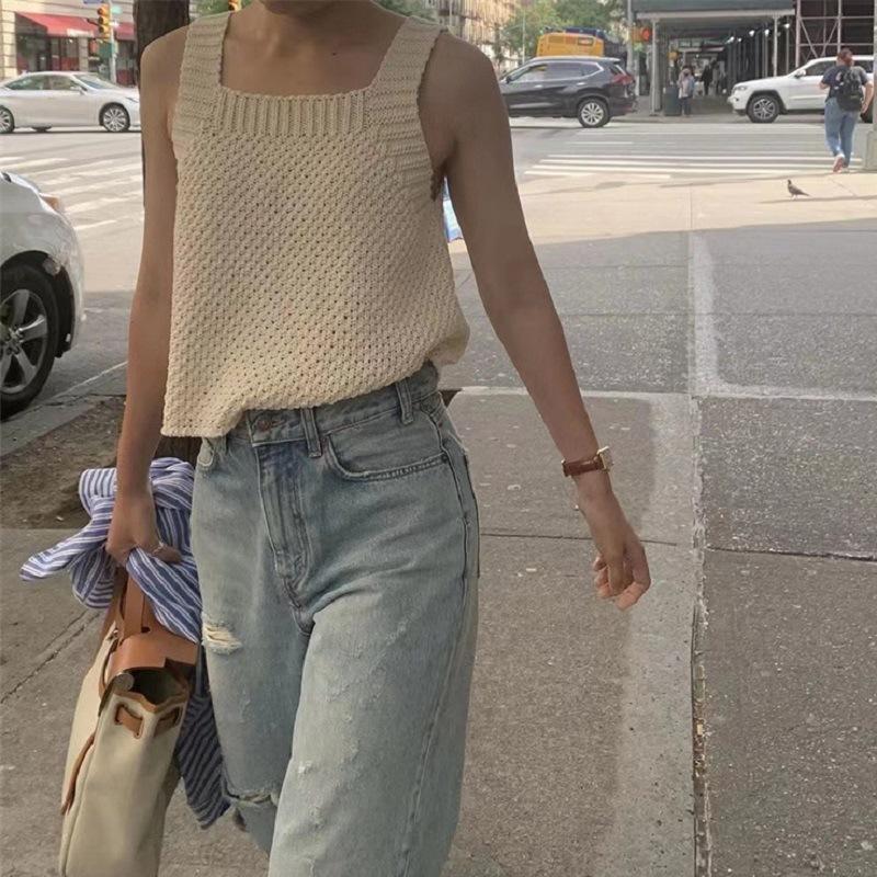 Bluză coreeană blândă din mătase de gheață de vară pentru femei, sexy, cu umăr lat, vestă tricotată pentru slăbire temperament