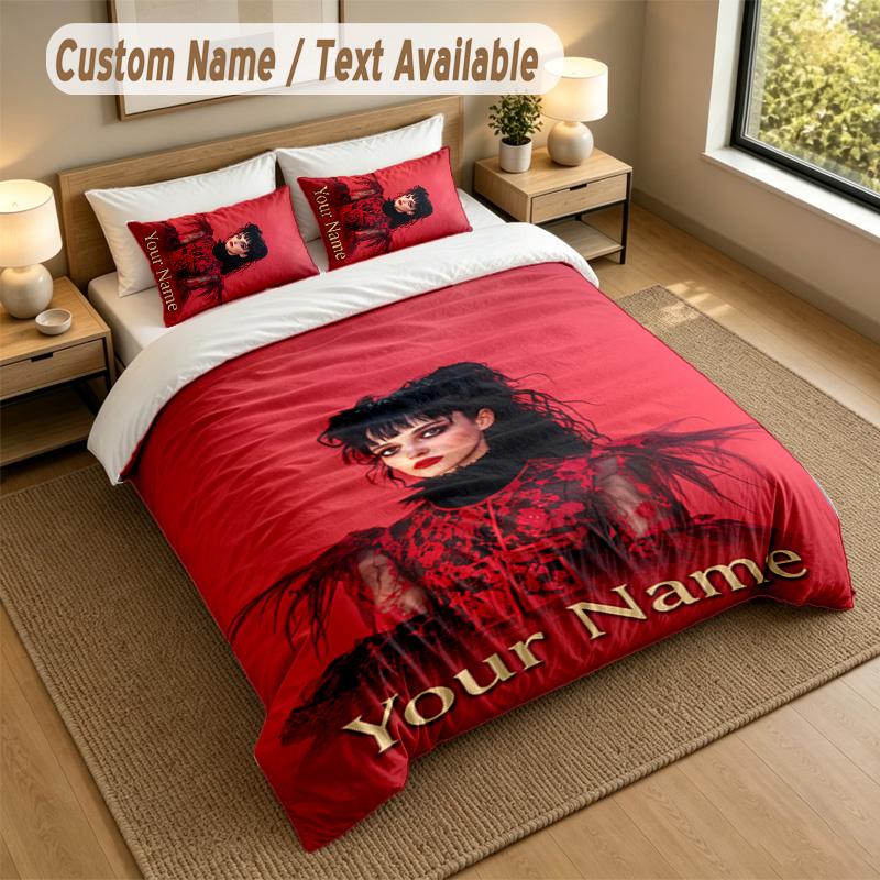3Pcs Bedding Set Custom Name Text, 1 Sheet 2 Pillowcases Home Bed DecorBeetlejuice Lydia Deetz