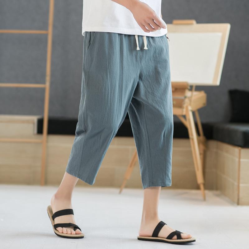 Summer Men's Casual Imitation Linen Seven Quarter Pants, Thin Solid Color Cut Pants, Fashionable Hip-hop Street Sports