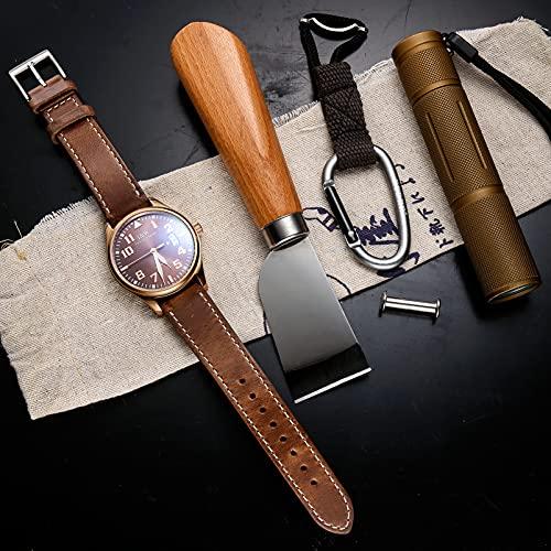 Hemsut Genuine Leather Watch Band, Horween Soft Leather Material, 22mm, Natural Leather Color + White Stitching, Stainless Steel Silver Watch Buckle,