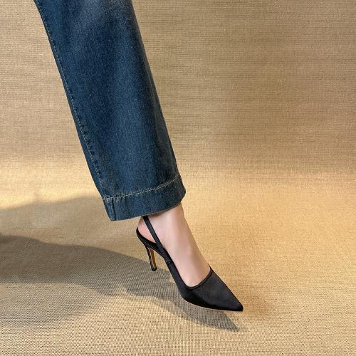 Fashion French Classic Grey Women Pointed Toe High Heel Sandals Open Back Slim Strap Party Commuter Versatile Shoes