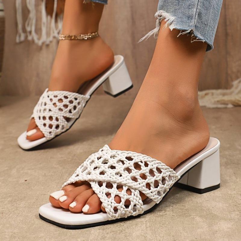 Fashion 2025 Summer Plus Size High Chunky Heels Modern Sandals Hollow Weave Dressy Outdoor Hot Sale Women's Classics Fashion Slippers