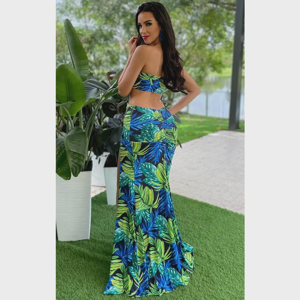 European & American Women's Printed Sexy Slit Sling Long Dress