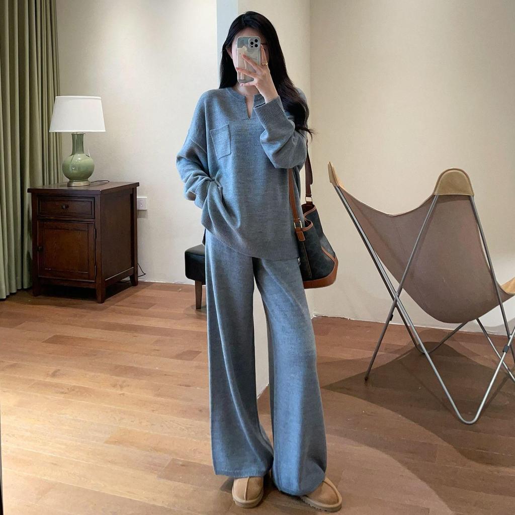 Light Knit Autumn-Winter V-Neck Sweater & Wide-Leg Pants Women’s Set