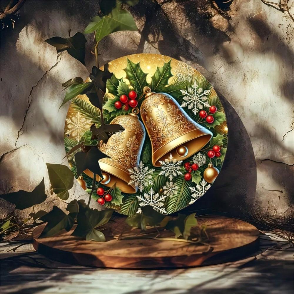 Metal Christmas Bell Round Sign Holiday Decor Vintage Home Wall Art Gift