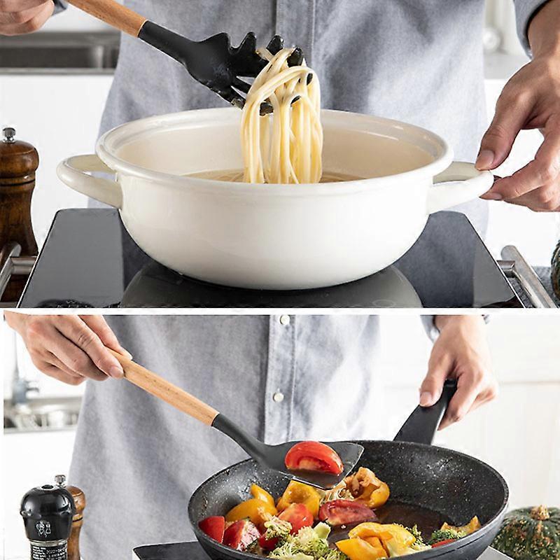 Silicone Cooking Utensils Kitchen Utensil Set Nonstick Cookware Wooden Handles Cooking Tools Turner Tongs Spatula Spoon