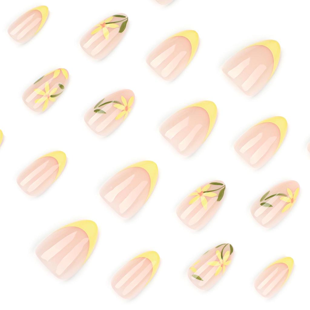 French Yellow Almond Gel Nails with Fresh Flower Design - Detachable Short Wearable False Nails