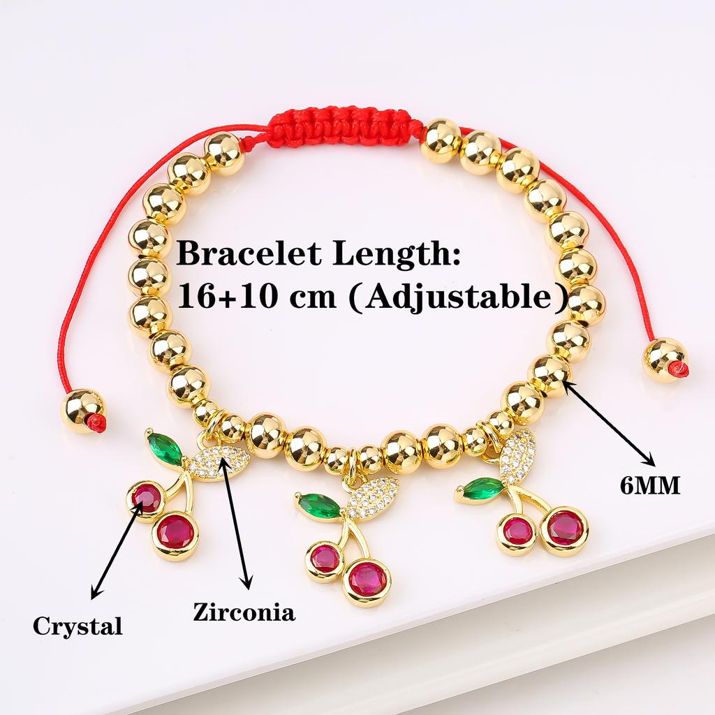 Hot Sale Cute Cherry Strawberry Pendant Copper Bead Chain Bracelet High Quality Crystal Zirconia Fruit Jewelry For Daily Wear