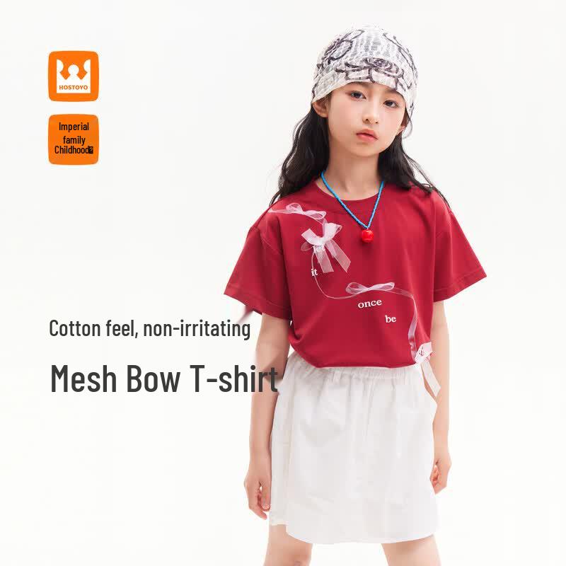 Girls Sweet Mesh Bow Print Short Sleeve T-shirt 160 красный