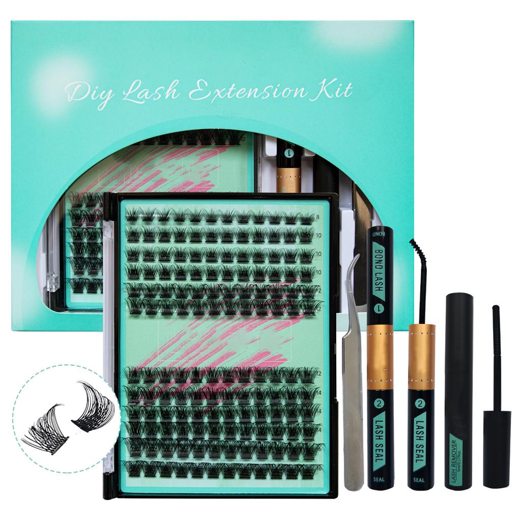 DIY Eyelash Extension Kit - 4 Piece Set W02 Segmented False Lashes Kit - Self-Grafting Eyelash Set Box - Customizable Makeup