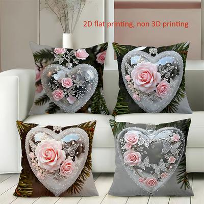 Heart-Shaped Rose Decorative Cushions 2D Flat Printed Polyester Pillowcase, Sofa Decorative Cushion Cov Headboard Pillow