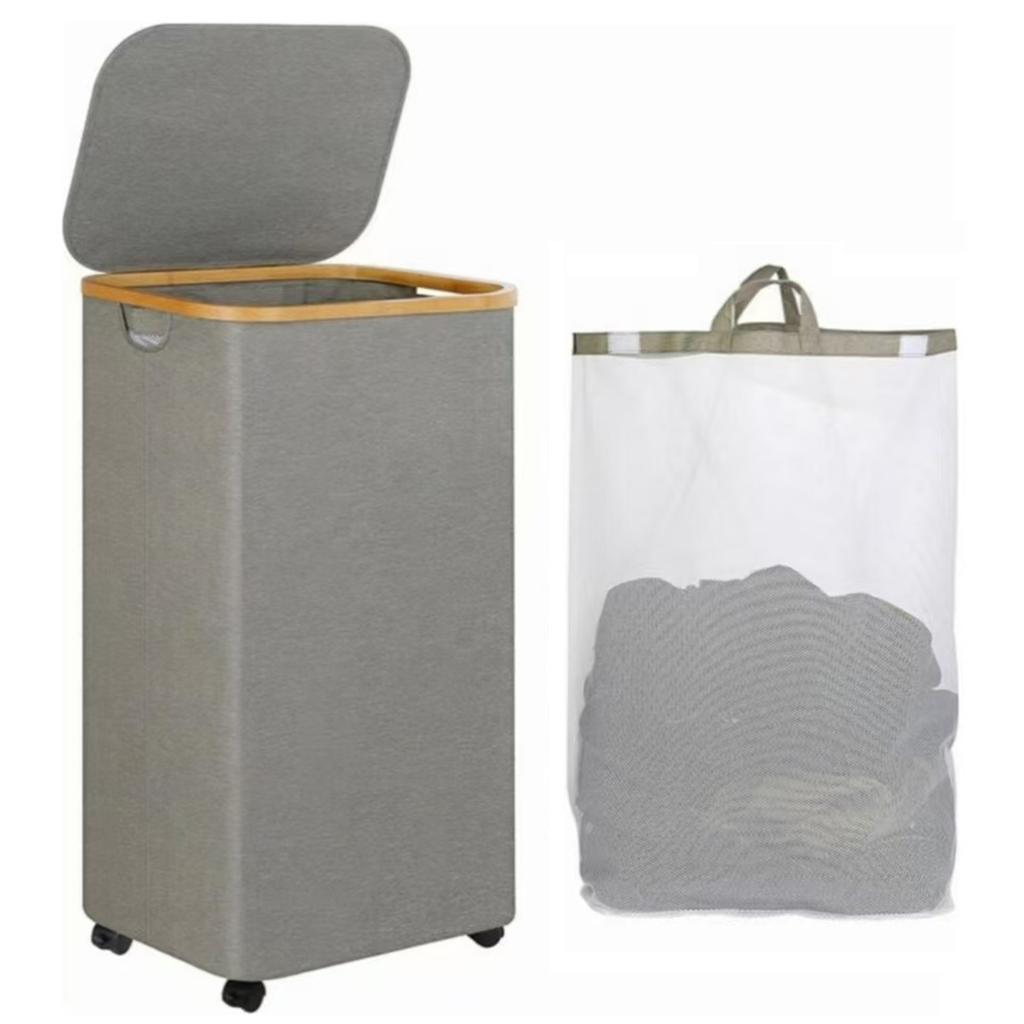 100L Slim Laundry Hamper with Lid Dirty Clothes Basket with Removable and Washable Inner Bag Foldable for Bathroom Bedroom Dorm