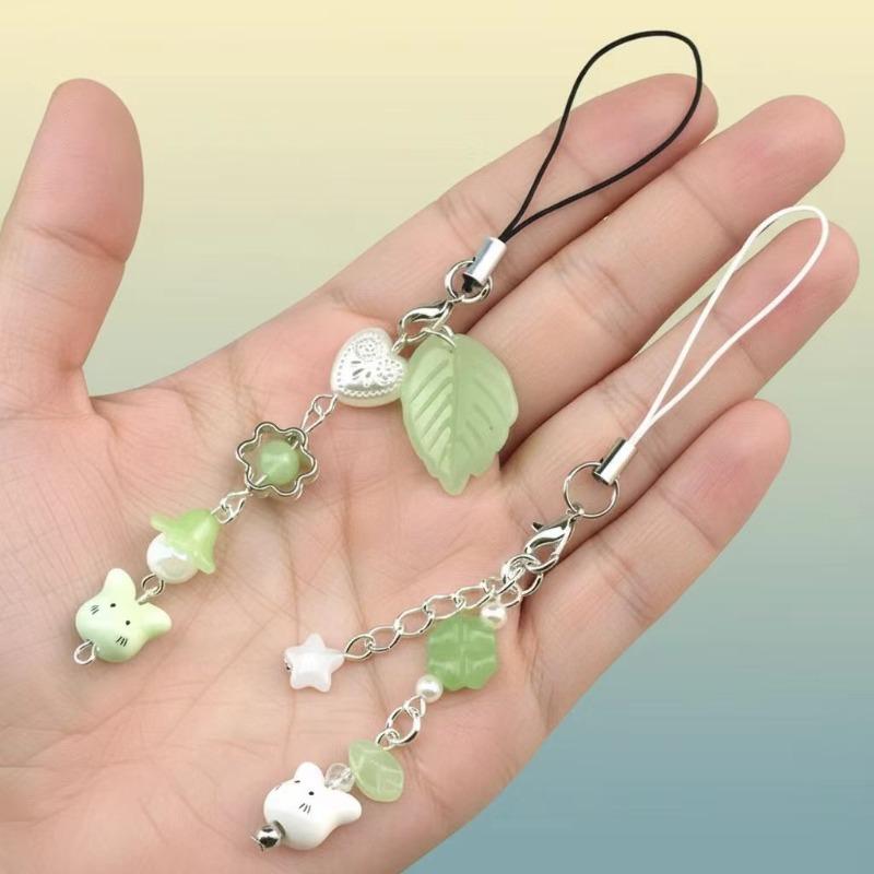 Handmade Four Leaf Clover Beaded Phone Charm Y2K Cute Cat Totoro Keychain Cybercore Cell Phone Chain Pendant Key Ring Bag Decor