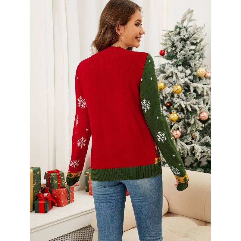 Autumn and Winter Long Sleeved Knitted Jacket, European and American Christmas Sweater, Cardigan, Contrasting Color Jacquard Christmas Sweater
