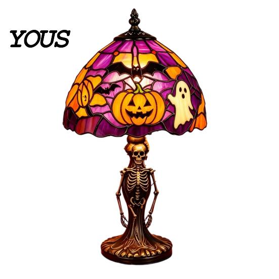 USB Powered Halloween Lamp Night Light, Stained Glass Lamp, Retro Gothic Glowing Low Energy with Warm Amber Purple, Tabletop Decor for