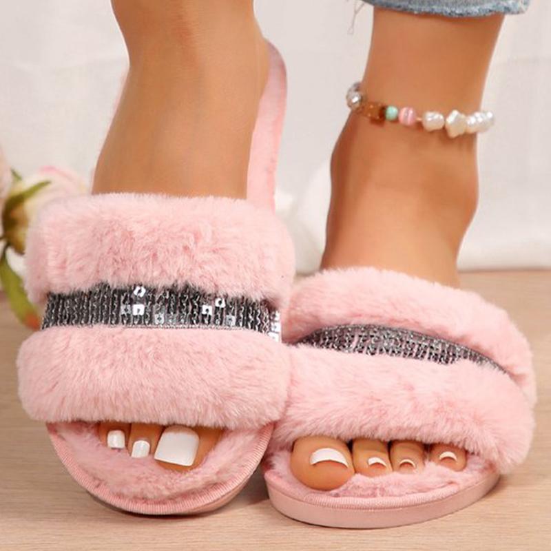 Fashion Winter Bling Cotton Slipper for Women Mix Color Faux Fur Plush Slippers Woman Slip On Non Slip House Flats Furry Slides Mujer